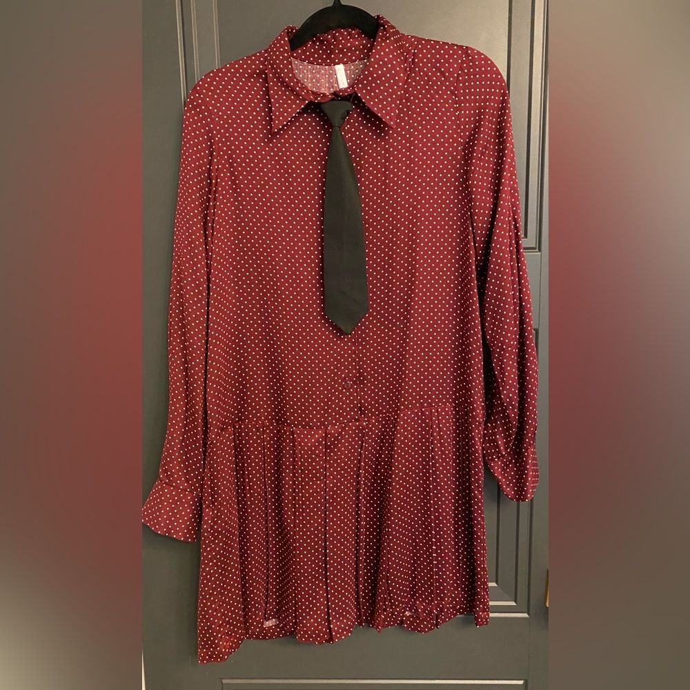 Imperial Red/Merlot Polka Dot Dress with Black Tie
